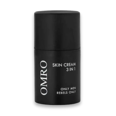 OMRO Skin Cream 3 in 1 in schwarzem zylindrischem Tiegel mit weißer Aufschrift „Only Men Rebels Only“, Vorderansicht