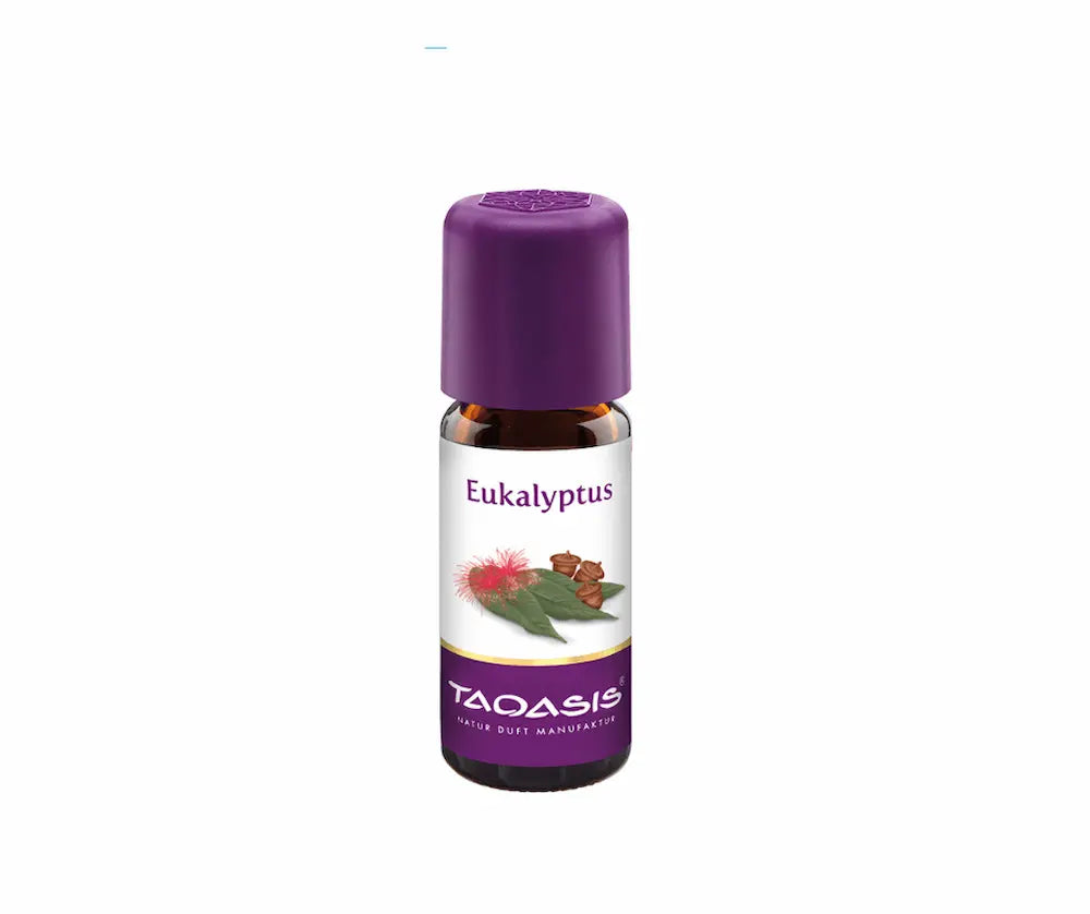 Taoasis Eukalyptus ätherisches Öl in brauner Glasflasche mit lila Verschluss, Etikett mit Eukalyptusblüten und Blättern, Vorderansicht