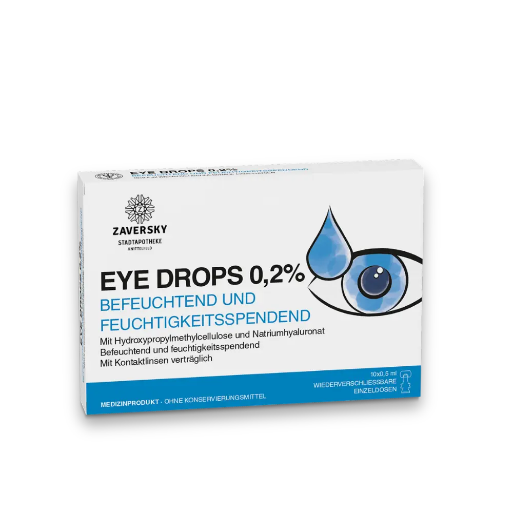 Zaversky Eye Drops 0,2% Verpackung, befeuchtend und feuchtigkeitsspendend, mit Augen- und Tropfen-Illustration, 10x0,5 ml Einzeldosen.