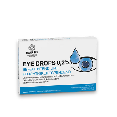 Zaversky Eye Drops 0,2% Verpackung, befeuchtend und feuchtigkeitsspendend, mit Augen- und Tropfen-Illustration, 10x0,5 ml Einzeldosen.