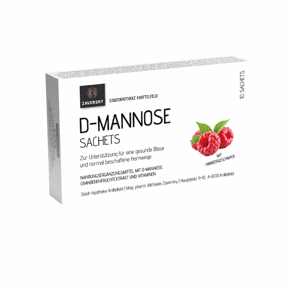 D-Mannose Sachets mit Himbeergeschmack in weißer Faltschachtel, 10 Sachets, Zaversky Stadtapotheke Knittelfeld