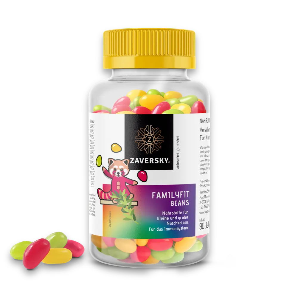 FamilyFit Beans von Zaversky, transparente Dose mit gelbem Deckel, bunten Jelly Beans und rotem Panda-Motiv, davor lose Bonbons.