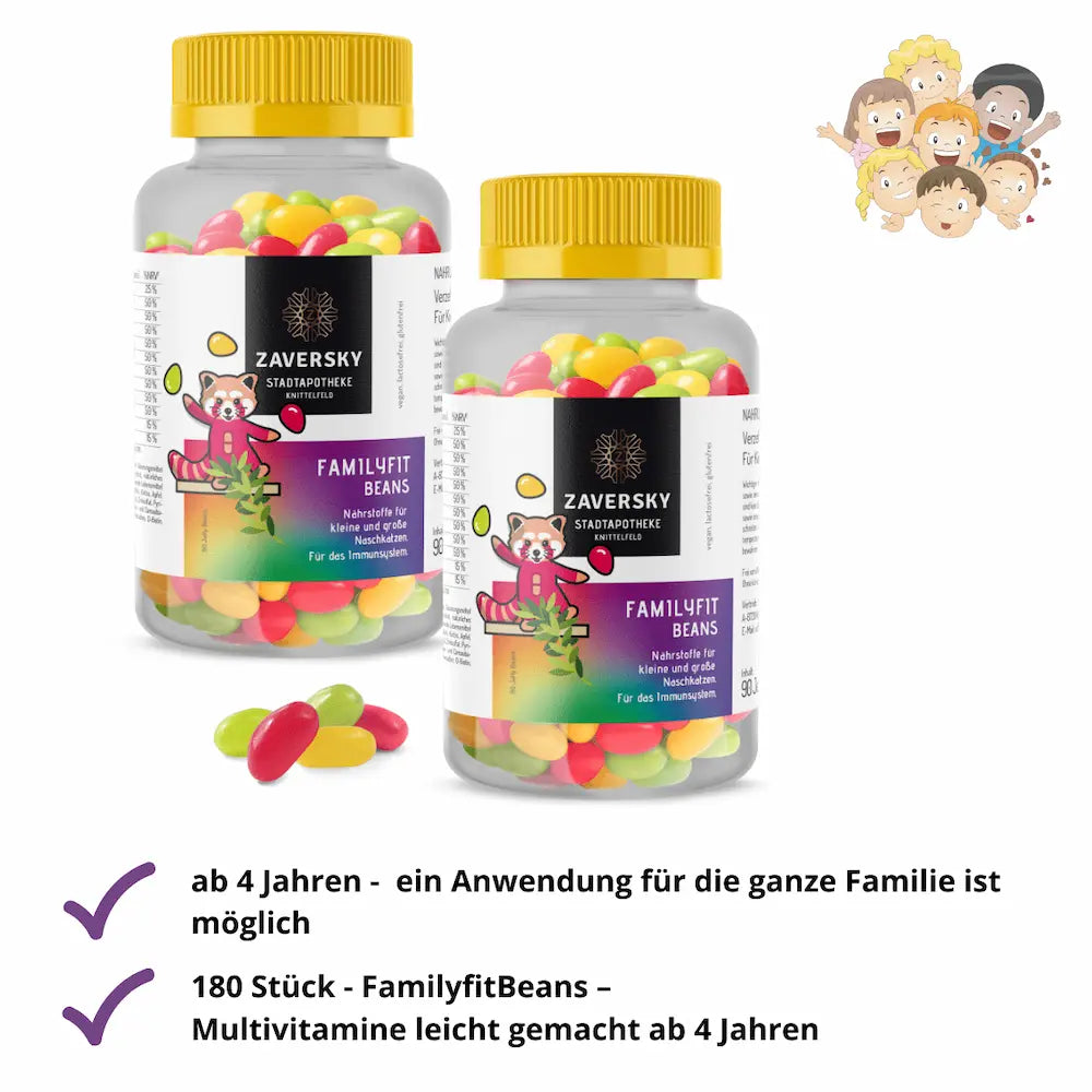 Zaversky FamilyFit Beans, zwei Dosen bunte Jelly Beans mit gelbem Deckel, Etikett mit Panda-Motiv, davor lose Bonbons und Icons mit Anwendungshinweisen.