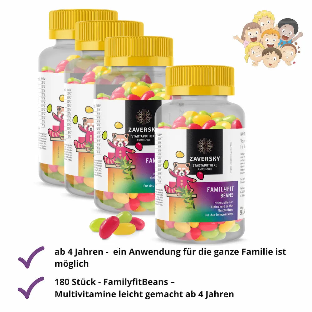 Zaversky FamilyFit Beans: vier Dosen mit bunten Jelly Beans, Kinderillustration, Hinweis ab 4 Jahren und 180 Stück Packungsgröße.