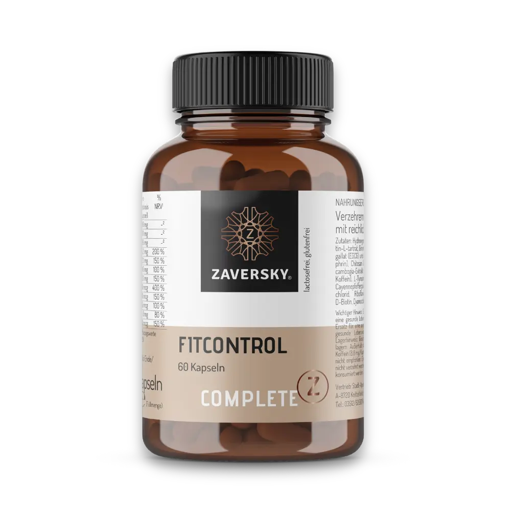 Zaversky FITCONTROL Complete Z, 60 Kapseln, braune Dose mit schwarzem Deckel und Nährwerttabelle auf dem Etikett.
