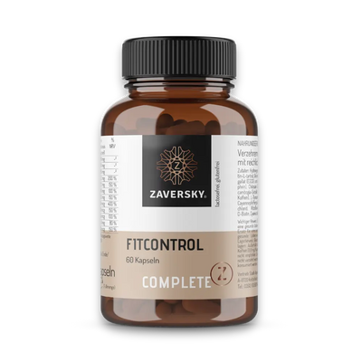 Zaversky FITCONTROL Complete Z, 60 Kapseln, braune Dose mit schwarzem Deckel und Nährwerttabelle auf dem Etikett.