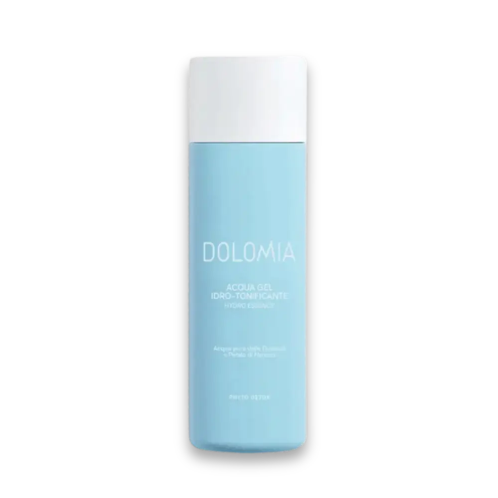 Dolomia Acqua Gel Idro-Tonificante Hydro Essence in hellblauer Flasche mit weißem Deckel, Phyto Detox, Vorderansicht