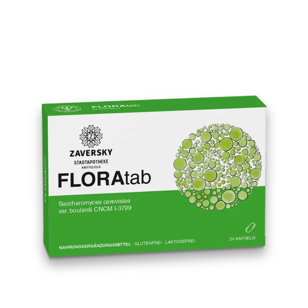 FLORAtab von Zaversky, Verpackung in Weiß und Grün, Saccharomyces cerevisiae var. boulardii, Nahrungsergänzungsmittel mit 24 Kapseln, glutenfrei und laktosefrei.
