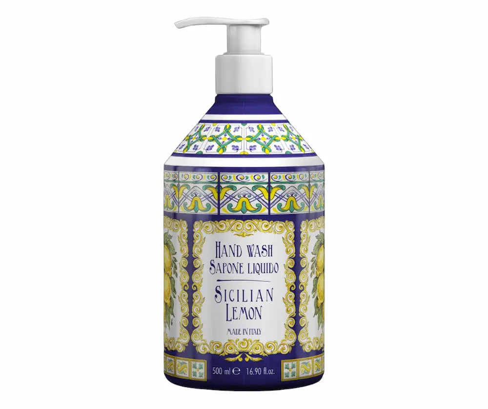 Flüssige Handseife Sicilian Lemon im 500 ml Pumpspender mit blau-gelbem Majolika-Muster und Zitronen-Motiv, Made in Italy
