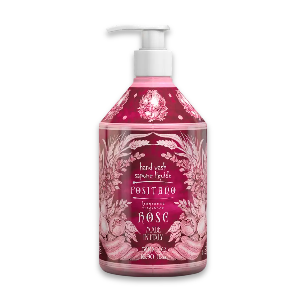 Positano Handwaschseife Rose in rosa Pumpflasche mit floralem Muster, weißer Pumpspender, 500 ml, Made in Italy