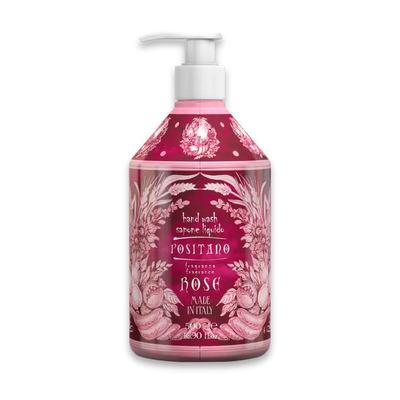 Positano Handwaschseife Rose in rosa Pumpflasche mit floralem Muster, weißer Pumpspender, 500 ml, Made in Italy