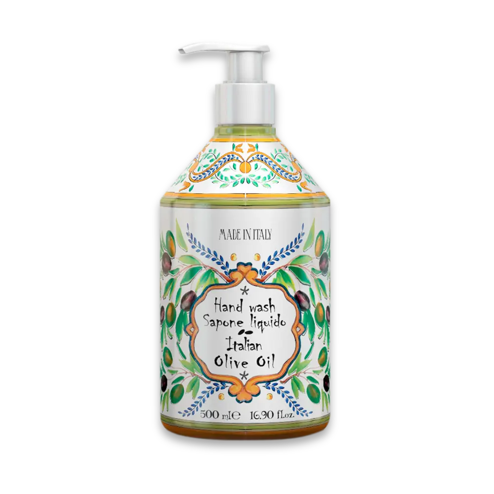 Flüssigseife im Pumpspender mit Olivenzweig-Dekor und Aufschrift „Hand wash Italian Olive Oil“, 500 ml, Made in Italy
