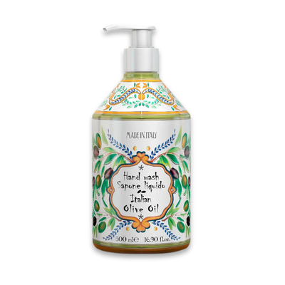 Flüssigseife im Pumpspender mit Olivenzweig-Dekor und Aufschrift „Hand wash Italian Olive Oil“, 500 ml, Made in Italy