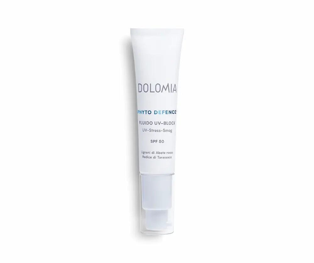 Dolomia Phyto Defence Fluido UV-Block SPF 50, weiße Tube mit Pumpspender, Frontansicht mit blauer Beschriftung