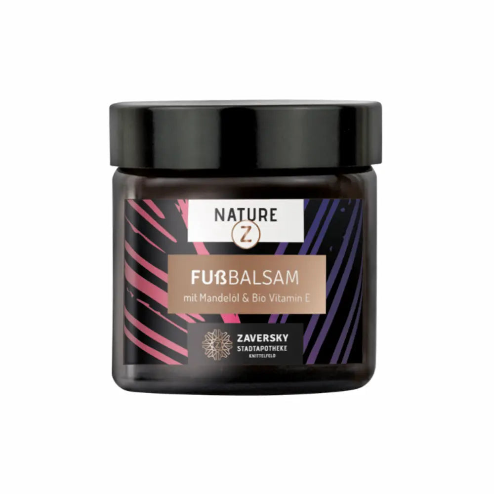 NATURE Z Fußbalsam mit Mandelöl & Bio Vitamin E im schwarzen Glastiegel mit pink-violettem Etikett, Zaversky Stadtapotheke
