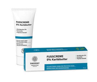 Zaversky Fusscreme 5% Karitébutter, weiße Tube und blau-weiße Verpackung mit Karitébutter, Ceramide und Thymian-Extrakt, 75 ml