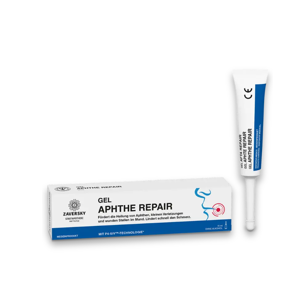 Zaversky Gel Aphthe Repair, weiße Tube mit blauem Applikator und Faltschachtel, Medizinprodukt gegen Aphthen, 15 ml