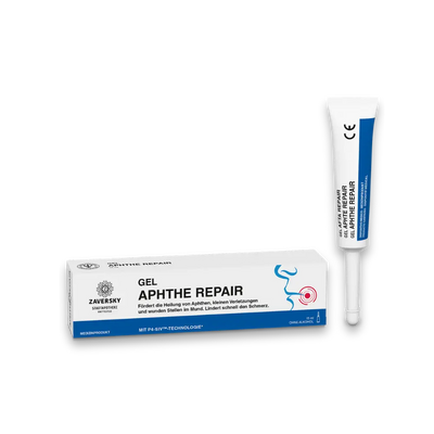 Zaversky Gel Aphthe Repair, weiße Tube mit blauem Applikator und Faltschachtel, Medizinprodukt gegen Aphthen, 15 ml