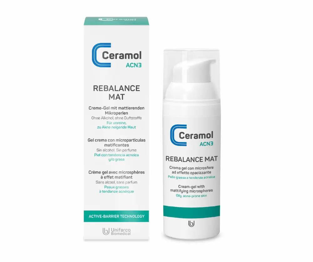 Ceramol ACN3 Rebalance Mat Creme-Gel, weißer Pumpspender neben Faltschachtel, für unreine, zu Akne neigende Haut