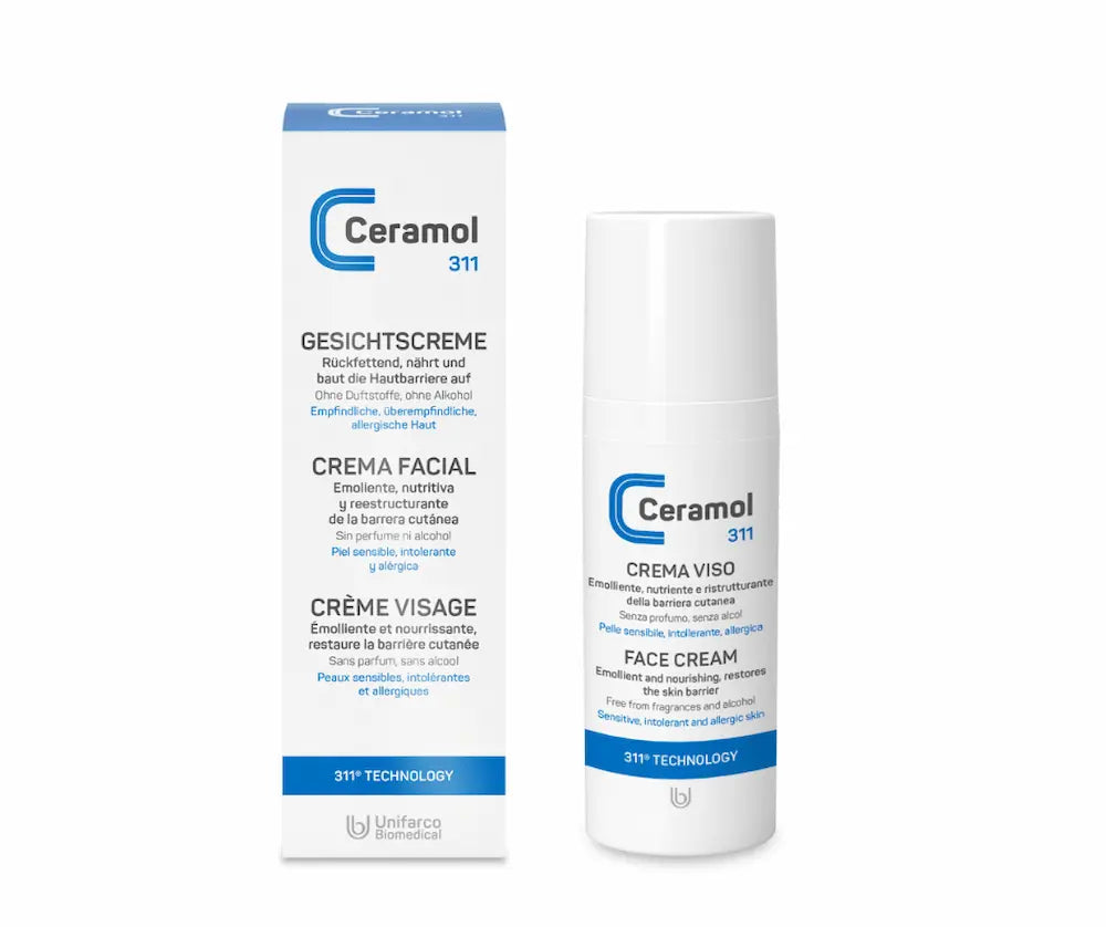 Ceramol 311 Gesichtscreme im weißen Pumpspender neben blau-weißer Verpackung, rückfettend für empfindliche Haut