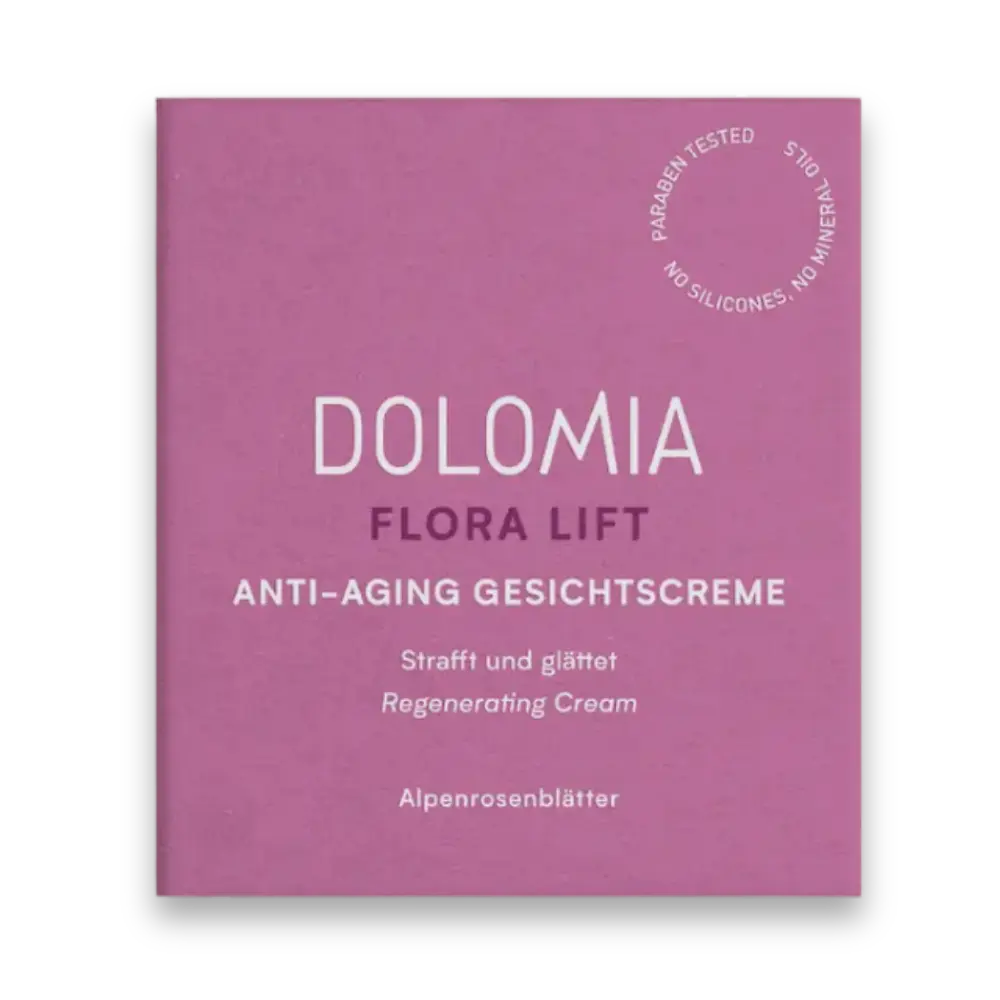 Dolomia Flora Lift Anti-Aging Gesichtscreme in beerefarbener Faltschachtel, Vorderansicht mit Hinweis „Strafft und glättet" und Alpenrosenblätter