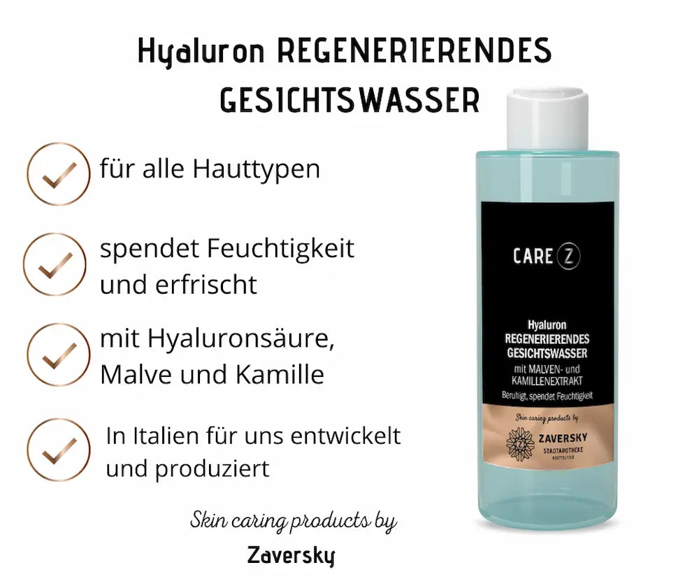 CARE Z Hyaluron Regenerierendes Gesichtswasser mit Malven- und Kamillenextrakt, Flasche neben Häkchen-Liste mit Produktvorteilen.