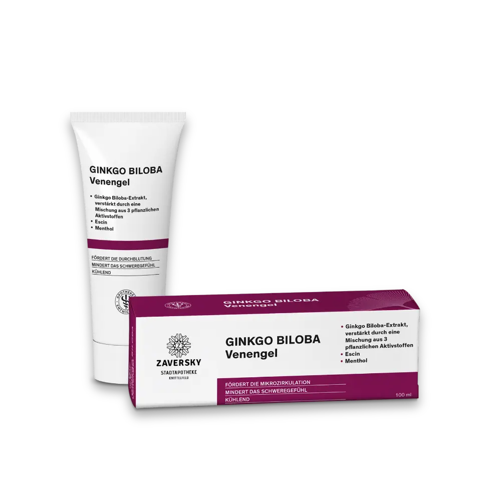 Weiße Tube und Faltschachtel Ginkgo Biloba Venengel von Zaversky, mit weinrotem Farbband, Produktinfos und Inhaltsangabe 100 ml.