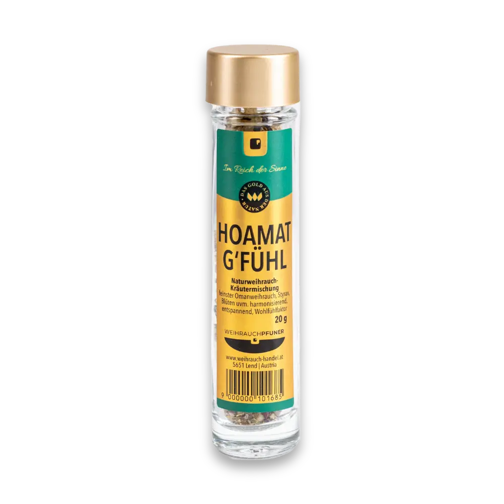 Glasflasche mit goldenem Deckel und grün-goldenem Etikett „HOAMAT G'FÜHL", Naturweihrauch-Kräutermischung, 20 g, Vorderansicht