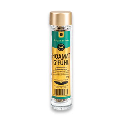 Glasflasche mit goldenem Deckel und grün-goldenem Etikett „HOAMAT G'FÜHL", Naturweihrauch-Kräutermischung, 20 g, Vorderansicht