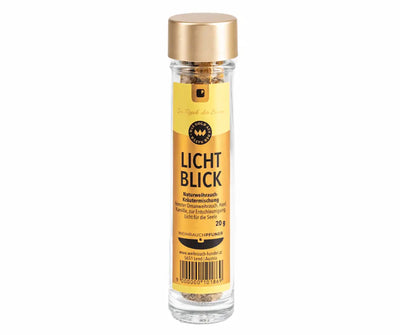 Glasflasche mit goldenem Deckel und gelbem Etikett Lichtblick Naturweihrauch-Kräutermischung 20 g, Vorderansicht