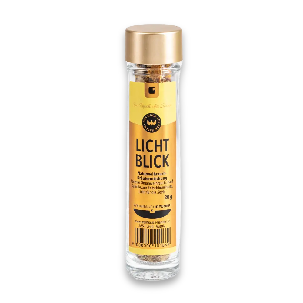 Glasflasche mit goldenem Deckel und gelbem Etikett Lichtblick Naturweihrauch-Kräutermischung 20 g, Vorderansicht