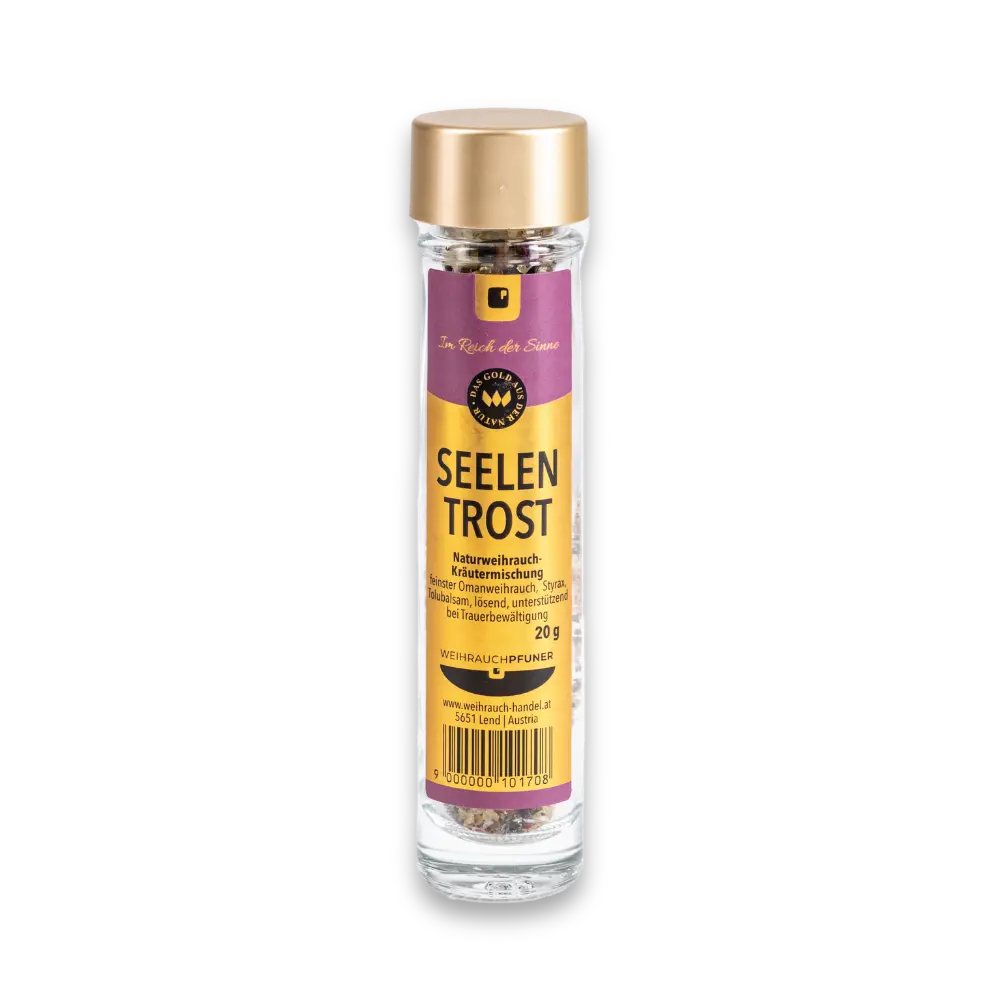 Glasröhrchen mit Goldverschluss und lila-goldenem Etikett „Seelen Trost“ Naturweihrauch-Kräutermischung 20 g, Kräuter sichtbar, Vorderansicht