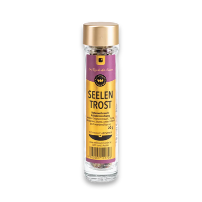 Glasröhrchen mit Goldverschluss und lila-goldenem Etikett „Seelen Trost“ Naturweihrauch-Kräutermischung 20 g, Kräuter sichtbar, Vorderansicht