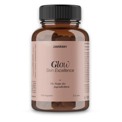 Zaversky Glow Skin Excellence Kapseln in Braunglas mit roséfarbenem Etikett, 120 Kapseln, laktose-, fructose- und glutenfrei, vegan, Z-Luxe