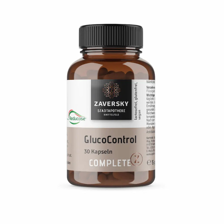 GlucoControl Complete mit 30 Kapseln in brauner Glasflasche mit schwarzem Deckel, Zaversky Stadtapotheke Knittelfeld, laktosefrei, glutenfrei, vegan