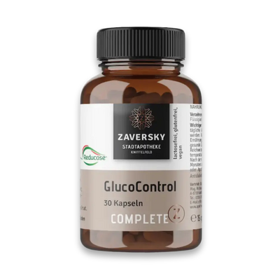 GlucoControl Complete mit 30 Kapseln in brauner Glasflasche mit schwarzem Deckel, Zaversky Stadtapotheke Knittelfeld, laktosefrei, glutenfrei, vegan