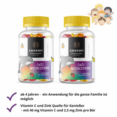 Zaversky CeZi Meerestiere Gummibärchen, zwei Dosen mit gelbem Deckel, Delfin-Etikett, Icons für Alter ab 4 Jahren sowie Vitamin C und Zink.