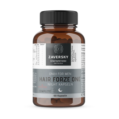 Braunglas-Dose Zaversky Hair Forze One Night Kapseln, Only for Men, 60 Kapseln, mit grauem Etikett und schwarzem Deckel