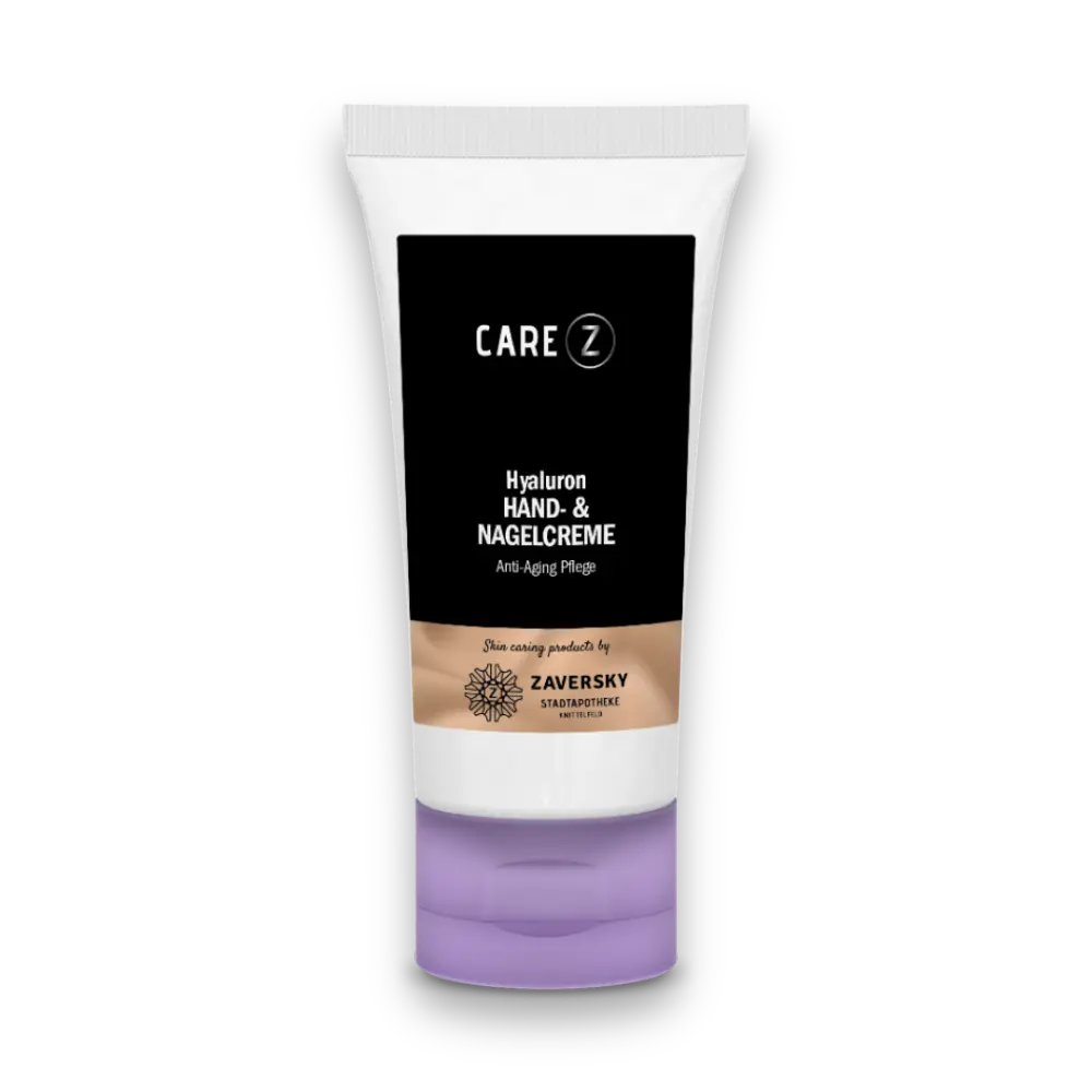 CARE Z Hyaluron Hand- & Nagelcreme, weiße Tube mit schwarzem Etikett und lilafarbenem Deckel, Anti-Aging Pflege.
