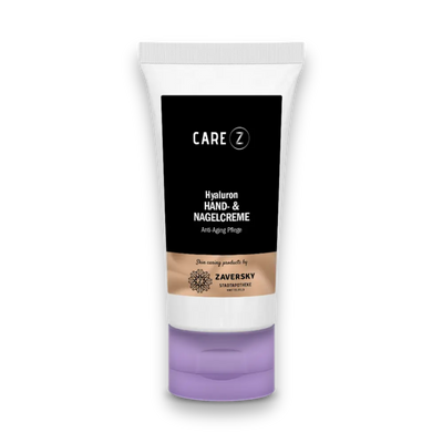 CARE Z Hyaluron Hand- & Nagelcreme, weiße Tube mit schwarzem Etikett und lilafarbenem Deckel, Anti-Aging Pflege.