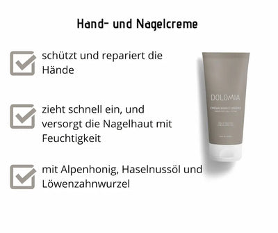 Infografik zur Dolomia Hand- und Nagelcreme in beiger Tube mit weißem Verschluss, daneben drei Produktvorteile mit Häkchen