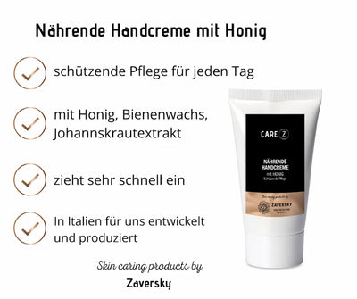 Infografik zur CARE Z Handcreme mit Honig: Vorteile wie schützende Pflege und schnelles Einziehen, Inhaltsstoffe sowie die Cremetube im Bild.