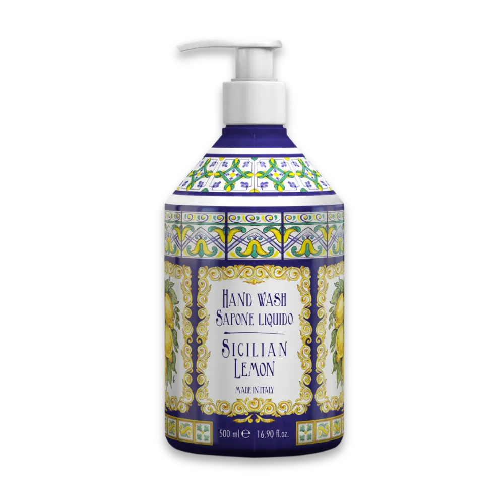Flüssige Handseife „Sicilian Lemon" im 500 ml Pumpspender, blau-weiße Flasche mit mediterranem Fliesenmuster und Zitronen-Motiven