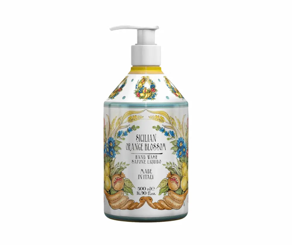 Flüssige Handseife Sicilian Orange Blossom im Pumpspender mit floralem Dekor, Zitrusmotiven und Aufschrift Made in Italy, 500 ml