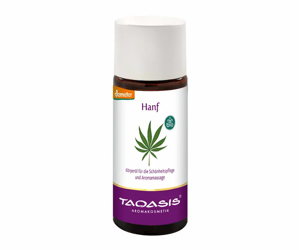 Taoasis Hanf Körperöl in Braunglasflasche mit weißem Deckel, Demeter- und Bio-Siegel, für Schönheitspflege und Aromamassage, Vorderansicht