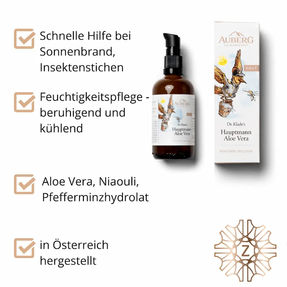 Auberg Hauptmann Aloe Vera Emulsion mit Pumpflasche und Verpackung, Infografik zu Anwendung bei Sonnenbrand und Insektenstichen mit Inhaltsstoffen.