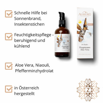 Auberg Hauptmann Aloe Vera Emulsion mit Pumpflasche und Verpackung, Infografik zu Anwendung bei Sonnenbrand und Insektenstichen mit Inhaltsstoffen.