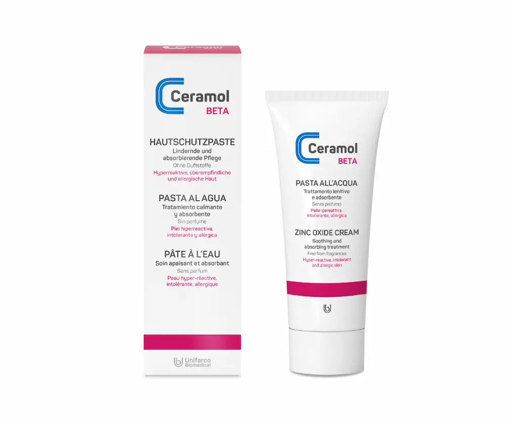 Ceramol BETA Hautschutzpaste, weiße Tube neben weißer Faltschachtel mit pinkfarbenen Akzenten, Vorderansicht der lindernden Pflege