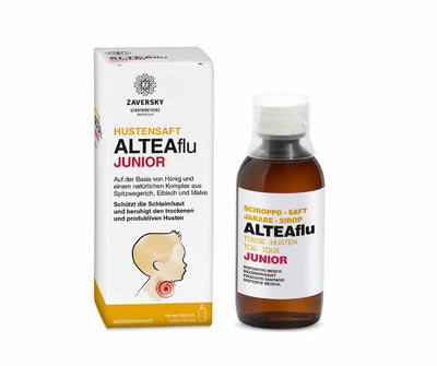 ALTEAflu Junior Hustensaft in brauner Glasflasche mit weißer Verschlusskappe neben weißer Faltschachtel mit Zaversky Stadtapotheke Logo, 150 ml Fruchtgeschmack