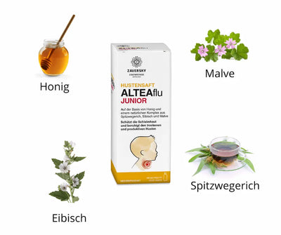 ALTEAflu Junior Hustensaft Verpackung der Apotheke Zaversky mit Abbildungen der Inhaltsstoffe Honig, Malve, Eibisch und Spitzwegerich